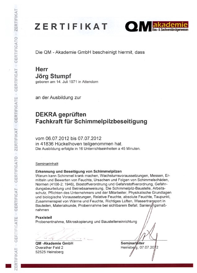 Zertifikat Schimmelpilzsanierung