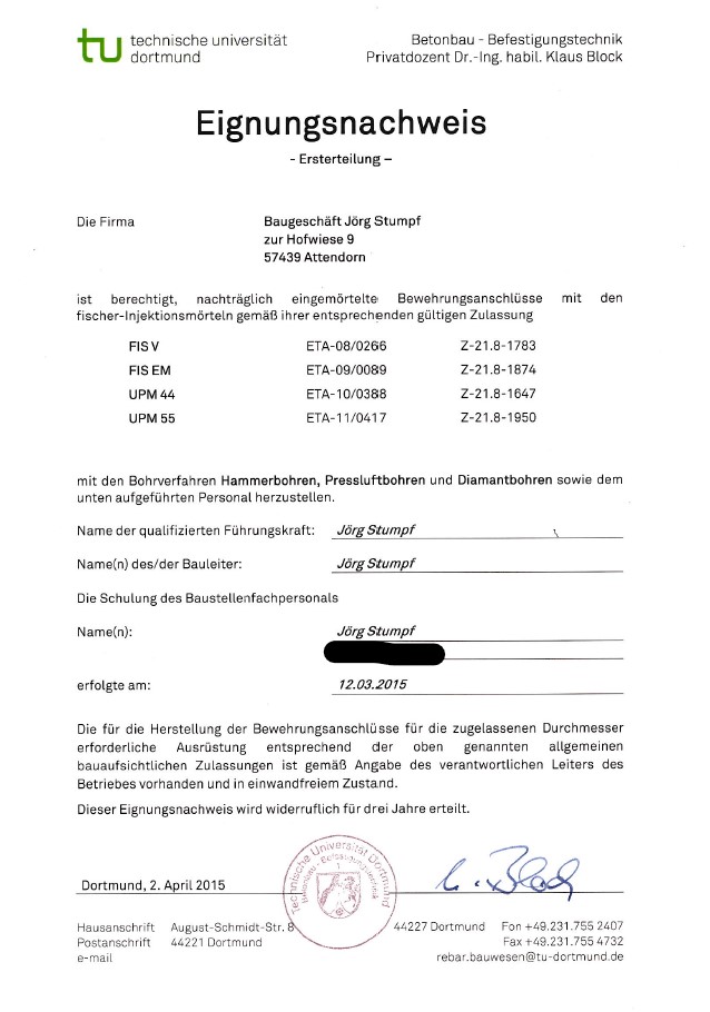 Zertifikat Stahlbetonbau